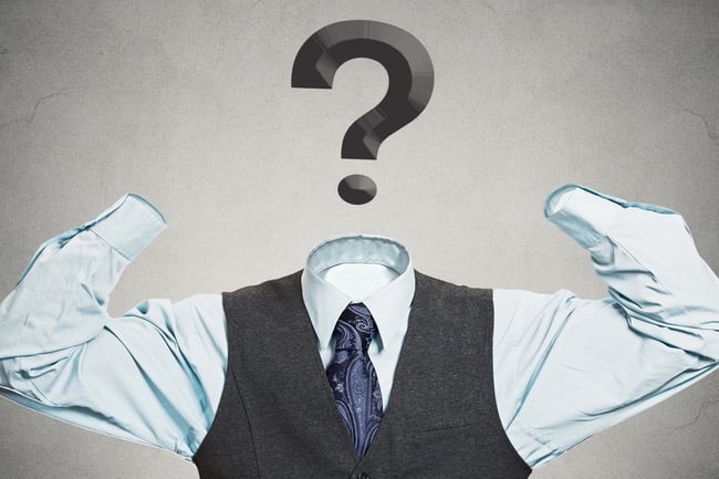 Desperate businessman with question mark instead of head has no hands tools to solve multiple financial issues isolated grey wall background. Corporate problems lack of solutions concept. Hopelessness