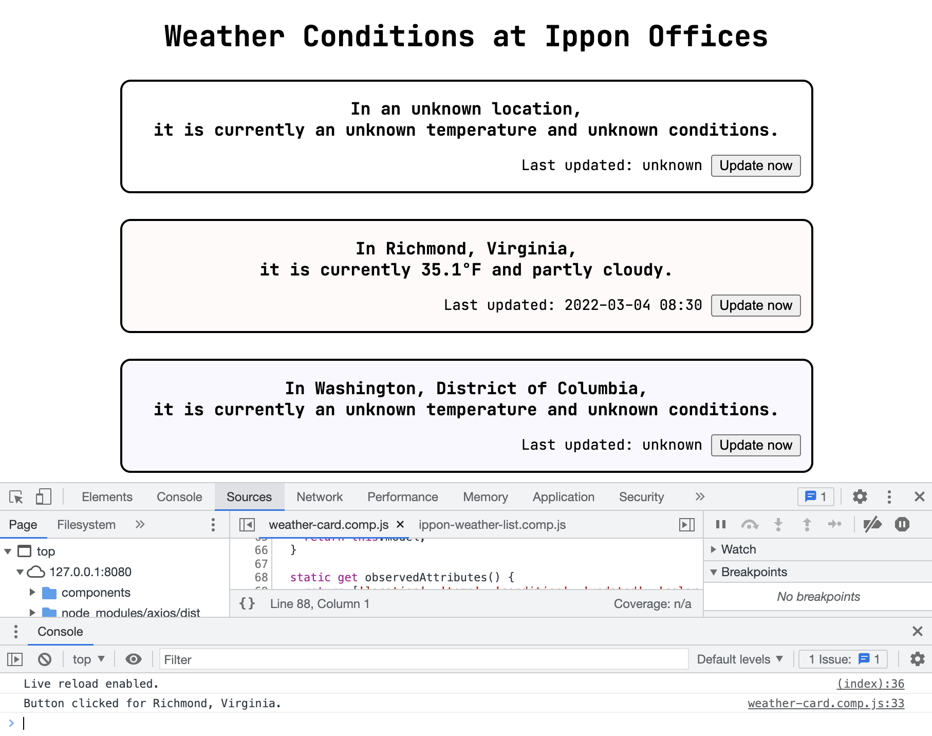 Page and console output with buttons updating the weather data.