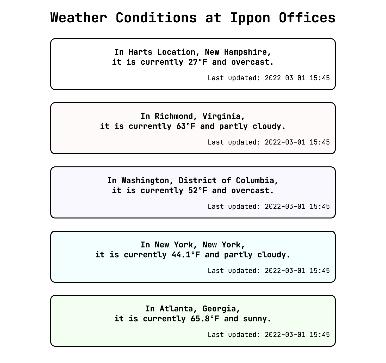 Page output with a no-information office at the top - the first card has location "Harts Location, New Hampshire" and current weather data, where we expected it to show the defaults.
