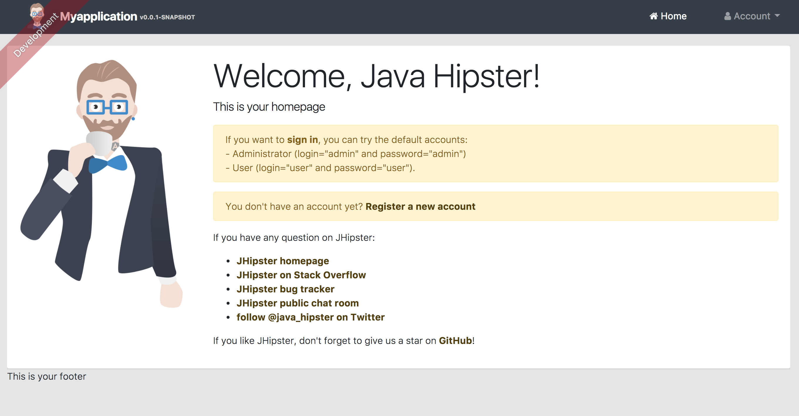 welcome screen for new JHipster application running locally